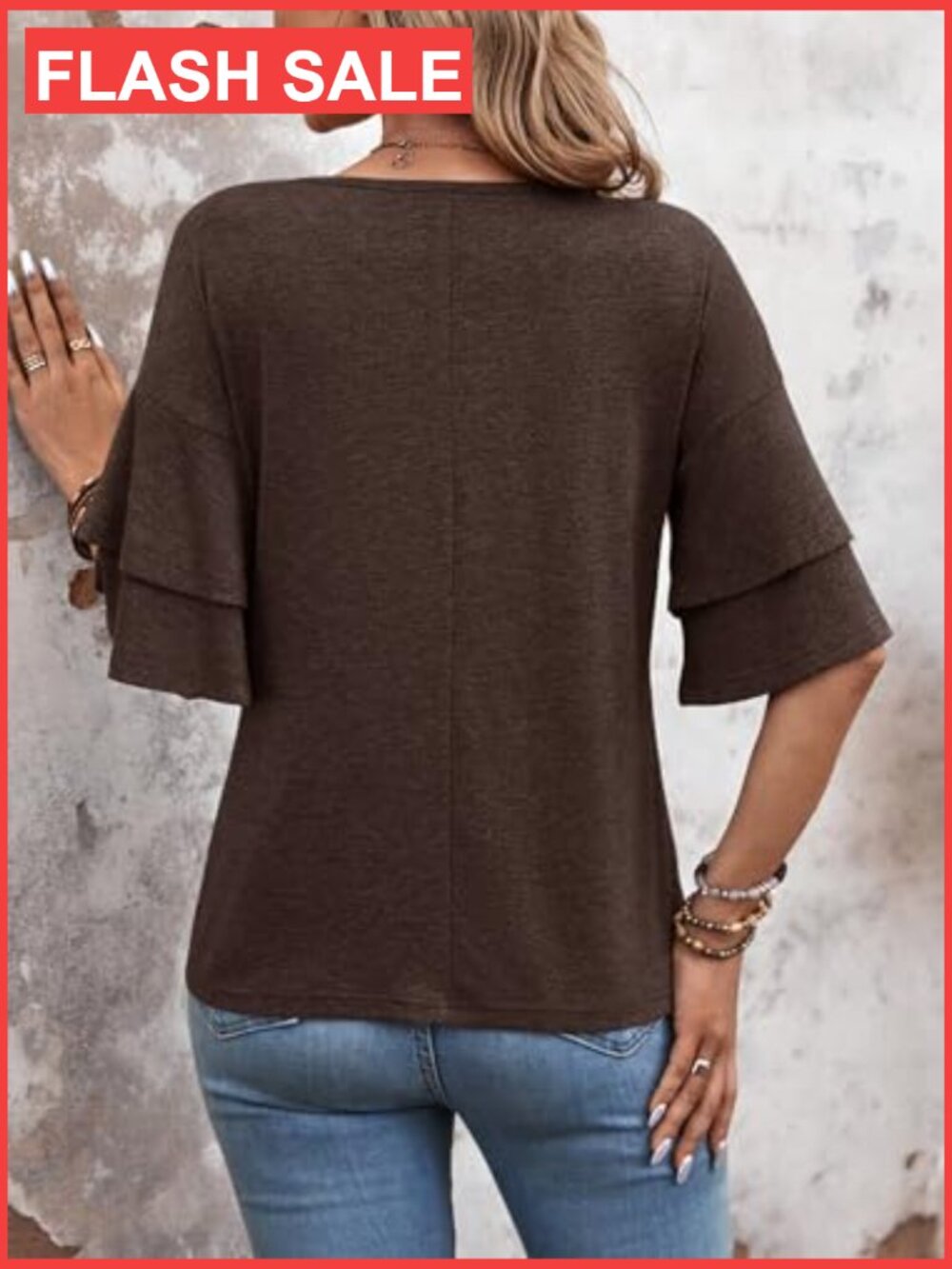 Ruffle Bell Sleeve V-Neck Blouse, 3/4 Sleeve, Polyester Spandex Rayon Blend - Picture 2 of 7